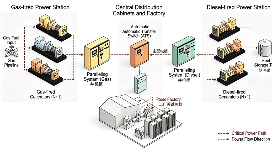 Integrated power distribution system for diesel and gas-fired power plants